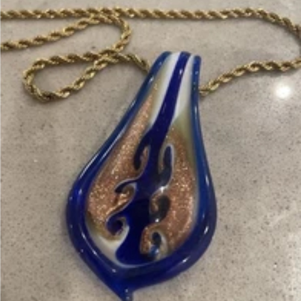 Art Glass Cobalt Blue Wave Surf Gold Sand Pendant Braided Gold Plated Necklace